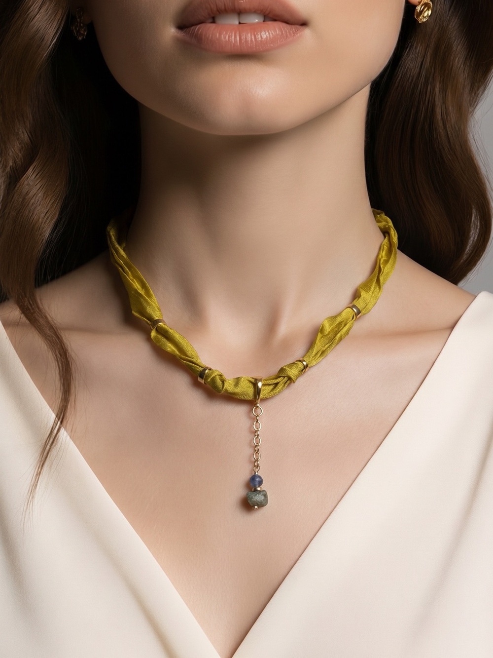 Satin Knot Choker Necklace with Gold Drop Chain and Charm Gemstones